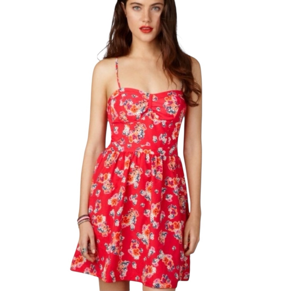 American Eagle Outfitters Red Floral Cross Tie Back Mini Dress w Pockets Sz 8